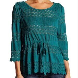 Free People Fire Island Open Knit top. Green, 3/4 sleeve, waist tie, lace. Large